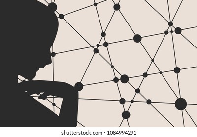 Face side view. Elegant silhouette of a female head. Portrait of a woman raising her hand to face. Lines and dots backdrop