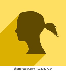 Face side view. Elegant silhouette of a female head. Ponytails hair style. Web icon with long shadow