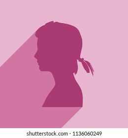 Face side view. Elegant silhouette of a female head. Ponytails hair style. Web icon with long shadow
