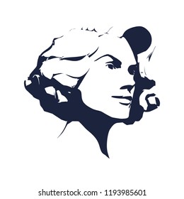 Face side view. Elegant silhouette of a female head. Retro hairstyle