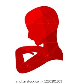 Face side view. Elegant silhouette of a female head. Portrait of a woman raising her hand to face. Connected lines with dots