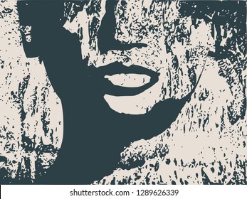 Face side view. Elegant silhouette of a female head. Grunge distress texture.