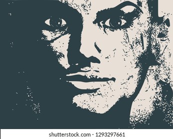 Face side view. Elegant silhouette of a female head. Grunge distress texture.
