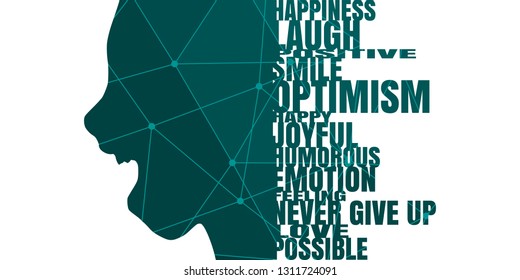 Face side view. Elegant silhouette of a female head. Surprised beautiful woman smiling with open mouth. Emotions relative tags cloud. Textured by lines and dots pattern