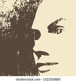 Face side view. Elegant silhouette of a female head. Grunge texture