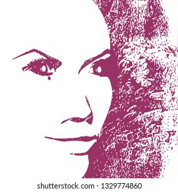 Face side view. Elegant silhouette of a female head. Grunge texture