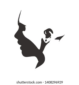 Face side view. Elegant silhouette of a female head. Surprised beautiful woman with open mouth.