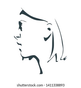 Face side view. Elegant silhouette of a female head. Surprised beautiful woman with open mouth.