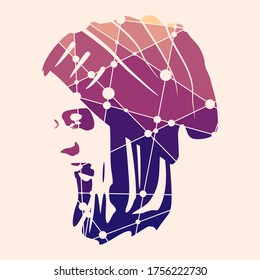 Face side view. Elegant silhouette of a female wearing hat. Connected lines with dots.
