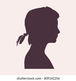 Face side view. Elegant silhouette of a female head. Vector Illustration. Ponytails hair style. Monochrome gamma.