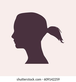 Face side view. Elegant silhouette of a female head. Vector Illustration. Ponytails hair style. Monochrome gamma.