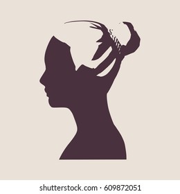 Face side view. Elegant silhouette of a female head. Vector Illustration.Bun hair style. Monochrome gamma.