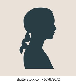 Face side view. Elegant silhouette of a female head. Vector Illustration. Ponytails hair style. Monochrome gamma.