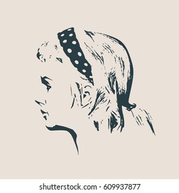 Face side view. Elegant silhouette of a female head. Vector Illustration. Ponytails hair style. Monochrome gamma.