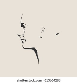 Face side view. Elegant silhouette of a female head. Vector Illustration. Monochrome gamma.