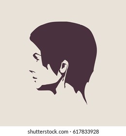 Face side view. Elegant silhouette of a female head. Vector Illustration. Short hair. Monochrome gamma.