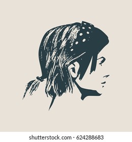 Face side view. Elegant silhouette of a female head. Vector Illustration. Ponytails hair style. Monochrome gamma.