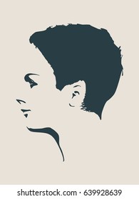 Face side view. Elegant silhouette of a female head. Vector Illustration. Short hair. Monochrome gamma.