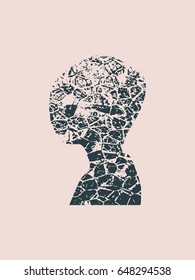 Face side view. Elegant silhouette of a female head. Vector Illustration. Long curly hair. Monochrome gamma. Grunge cracked texture avatar