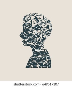 Face side view. Elegant silhouette of a female head. Vector Illustration. Long curly hair. Monochrome gamma. Grunge cracked texture avatar