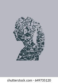 Face side view. Elegant silhouette of a female head. Vector Illustration. Long curly hair. Monochrome gamma. Grunge cracked texture avatar