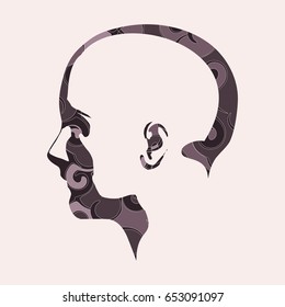 Face side view. Elegant silhouette of a female head decorated by spiral pattern. Vector Illustration. Monochrome gamma.