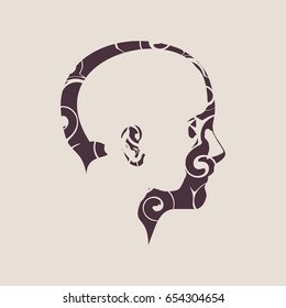 Face side view. Elegant silhouette of a female head decorated by spiral pattern. Vector Illustration. Monochrome gamma.