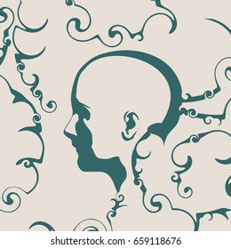 Face side view. Elegant silhouette of a human head with abstract design elements. Ornament of curls.