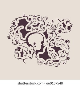 Face side view. Elegant silhouette of a human head with abstract design elements. Ornament of curls.
