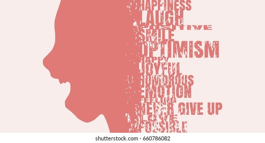 Face side view. Elegant silhouette of a female head. Vector Illustration. Monochrome gamma. Surprised beautiful woman smiling with open mouth. Emotions relative tags cloud. Grunge distress texture