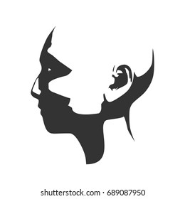 Face side view. Elegant silhouette of a female head. Vector Illustration. Short hair. Monochrome gamma.