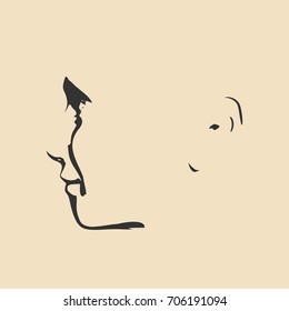 Face side view. Elegant silhouette of a female head. Vector Illustration. Monochrome gamma.