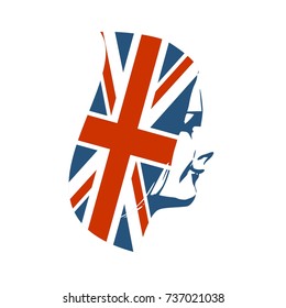 Face side view. Elegant silhouette of a female head. Long hair textured by flag of Great Britain.
