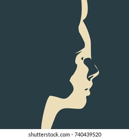 Face side view. Elegant silhouette of a female head. Monochrome gamma.