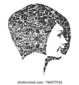 Face side view. Elegant silhouette of a female head. Short hair. Monochrome gamma. Grunge cracked texture avatar
