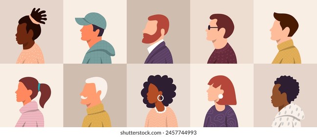 Face side view. People avatar, woman and man portrait in minimal flat style. Art character international person. Male and female head different hairstyle. Design set cartoon doodle vector illustration