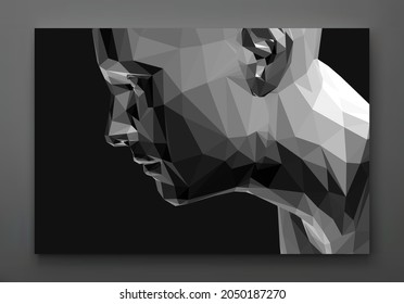 Face side view. Time to think. Giving it a little thought. Polygonal human head. Minimalistic design for business presentations, flyers or posters. 3d vector illustration.