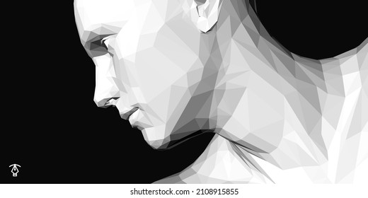 Face side view. Time to think. Giving it a little thought. Polygonal human head. Minimalistic design for business presentations, flyers or posters. 3d vector illustration.