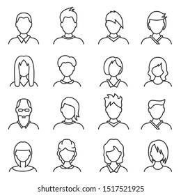 Face Sign Black Thin Line Icon Set Include of Woman, Man and Senior. Vector illustration of Avatar Person Icons