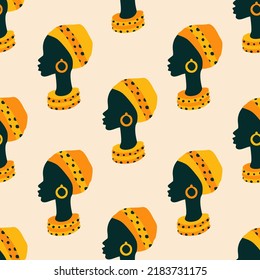 Face silhouette of beautiful black girl with colorful headdress and necklace hand drawn vector illustration. Portrait of an African woman seamless pattern for fabric or wallpaper.