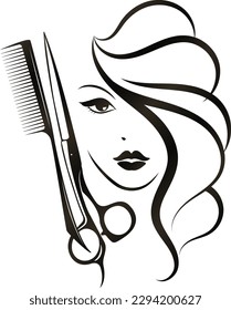 Face silhouette of a beautiful girl with curls of hair. Scissors and comb stylist. Design for hair care hair salon