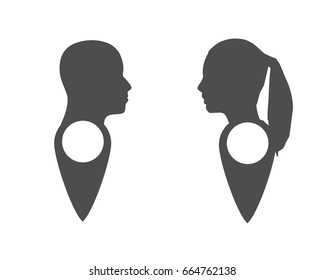 Face silhouette in profile on map pin. Location pointer isolated on a white background. Conceptual vector illustration.