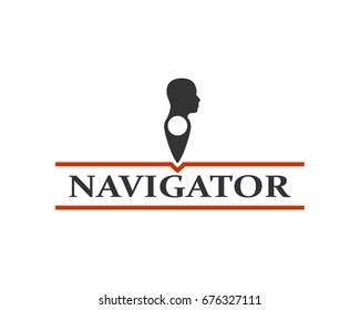 Face silhouette in profile on map pin. Location pointer. Conceptual emblem. Navigator word