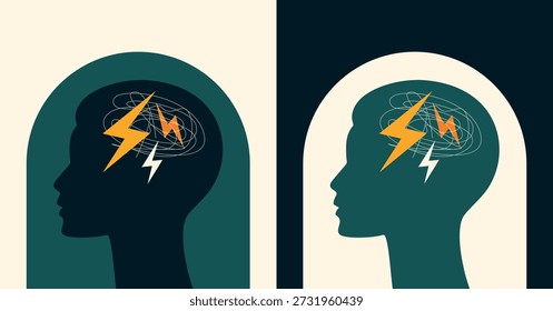 Silhueta de rosto com elementos cerebrais de estresse. Duas cores. Conceito de Saúde Mental.
