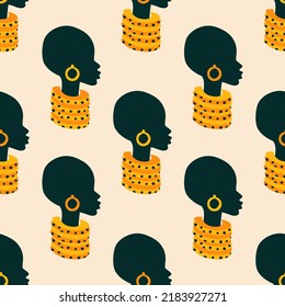Face silhouette of tribal African woman with colorful necklace and earrings hand drawn vector illustration. Portrait of young black girl with beads seamless pattern for fabric or wallpaper.