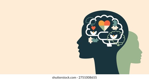 Face silhouettes with brain elements. Mental Health concept.