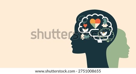 Face silhouettes with brain elements. Mental Health concept.