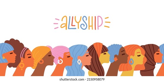 Face silhouettes of multicultural multiethnic female profile in row. Concept of racial equality anti-racism justice opportunities, allyship. Banner with lettering word. Flat hand drawn vector