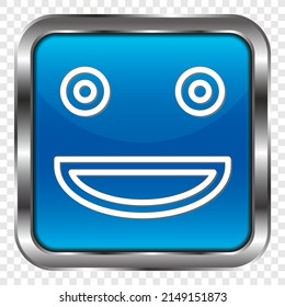 Face simple icon vector. Flat design. Metal, blue square button. Transparent grid.ai