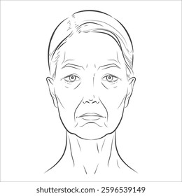 Woman’s face sketch, line vector drawing illustration, contrasting youth and age. Minimalist black-and-white design in realistic style, perfect for skincare ads, anti-aging campaigns,  beauty concept